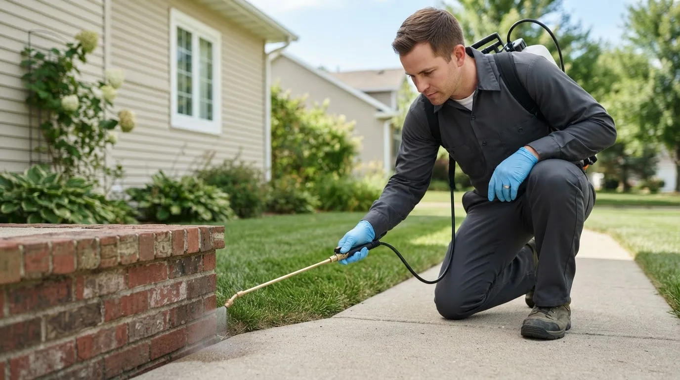 Pest control technician treating a home near Breckenridge, MI