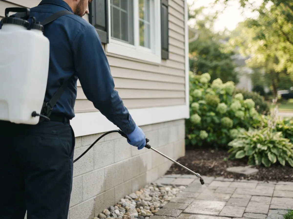 Pest control technician inspecting a home in Breckenridge, MI